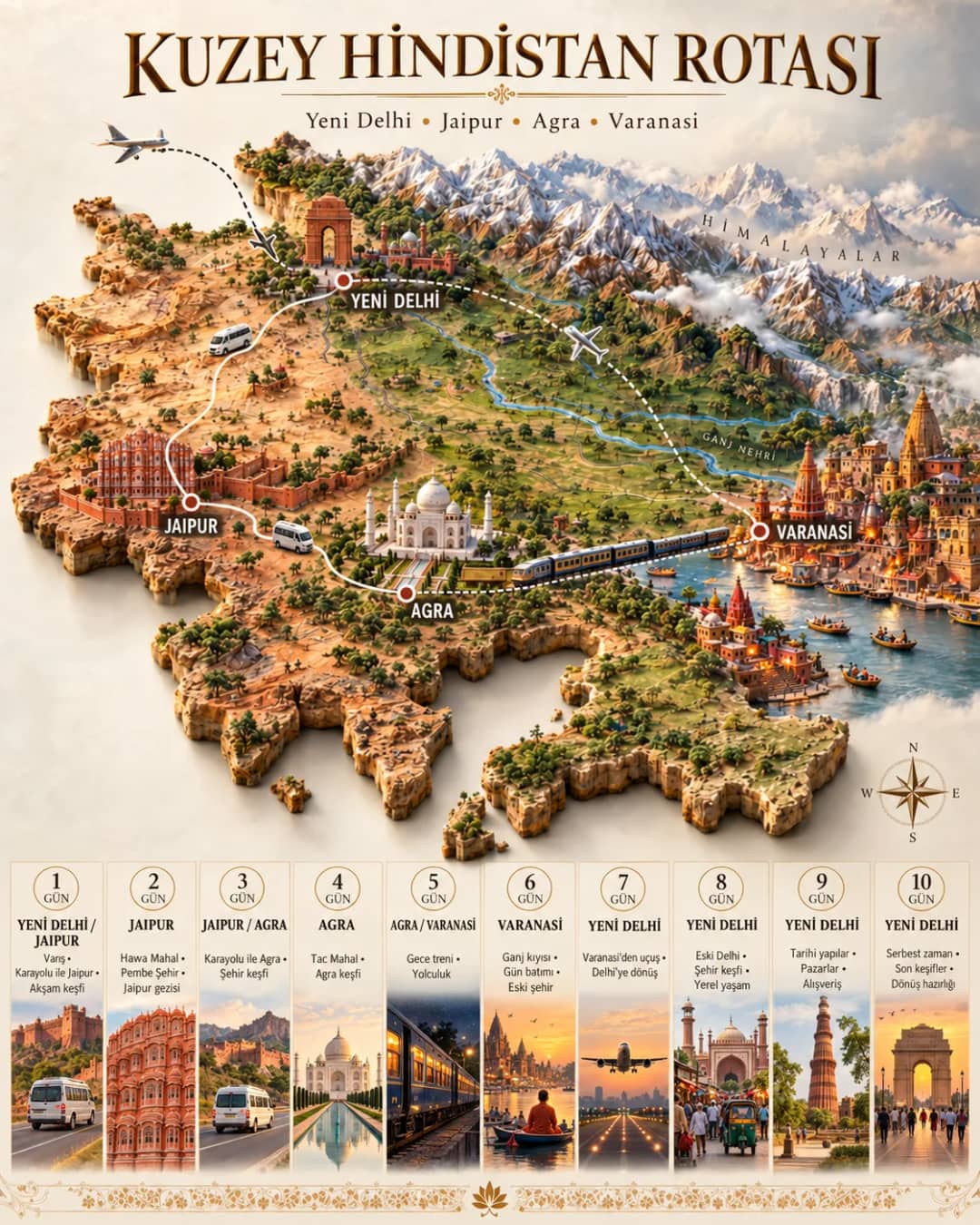 Hindistan - Delhi, Jaipur, Agra, Varanasi Turu — rota haritası